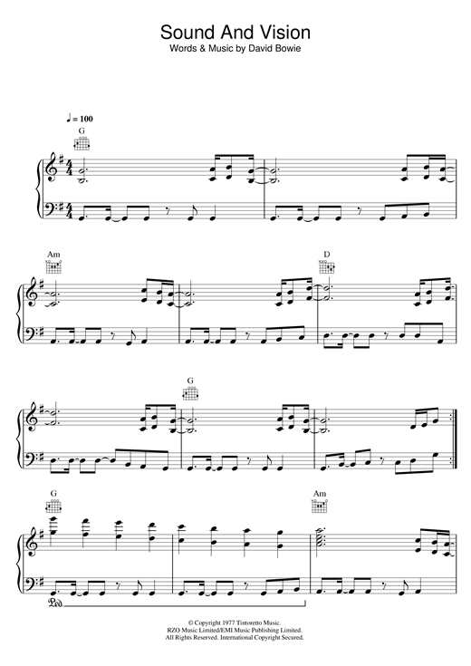 Preview David Bowie Sound And Vision Rock sheet music, notes and chords for Piano, Vocal & Guitar, SKU: 13855 sheet music, piano notes, chords, guitar tabs, score, transpose, transcribe, how to play, guide, download, learn, tutorial, progression, song, artist, awards, billboard, mtv, vh1, tour, single, album, release