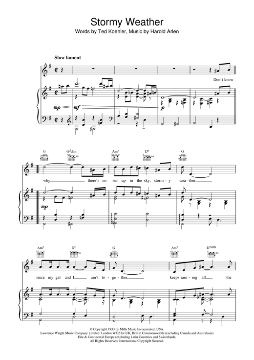 Preview Lena Horne Stormy Weather (Keeps Rainin' All The Time) Jazz sheet music, notes and chords for Piano, Vocal & Guitar (Right-Hand Melody), SKU: 13857 sheet music, piano notes, chords, guitar tabs, score, transpose, transcribe, how to play, guide, download, learn, tutorial, progression, song, artist, awards, billboard, mtv, vh1, tour, single, album, release