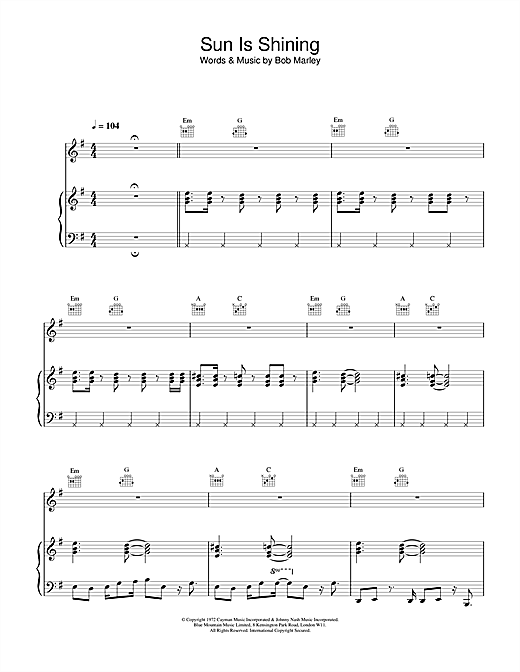 Preview Bob Marley Sun Is Shining Reggae sheet music, notes and chords for Piano, Vocal & Guitar (Right-Hand Melody), SKU: 13860 sheet music, piano notes, chords, guitar tabs, score, transpose, transcribe, how to play, guide, download, learn, tutorial, progression, song, artist, awards, billboard, mtv, vh1, tour, single, album, release