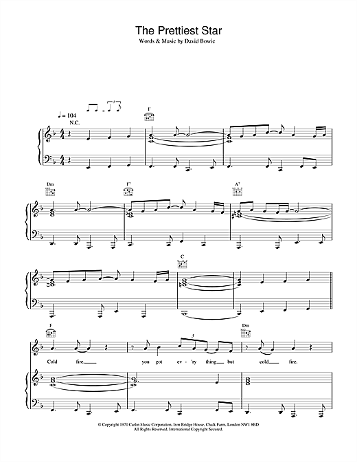 Preview David Bowie The Prettiest Star Rock sheet music, notes and chords for Piano, Vocal & Guitar, SKU: 13867 sheet music, piano notes, chords, guitar tabs, score, transpose, transcribe, how to play, guide, download, learn, tutorial, progression, song, artist, awards, billboard, mtv, vh1, tour, single, album, release
