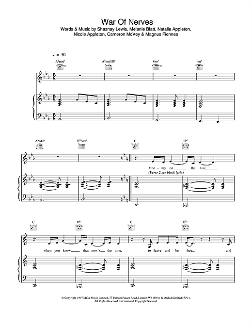Preview All Saints War Of Nerves R & B sheet music, notes and chords for Piano, Vocal & Guitar (Right-Hand Melody), SKU: 13876 sheet music, piano notes, chords, guitar tabs, score, transpose, transcribe, how to play, guide, download, learn, tutorial, progression, song, artist, awards, billboard, mtv, vh1, tour, single, album, release