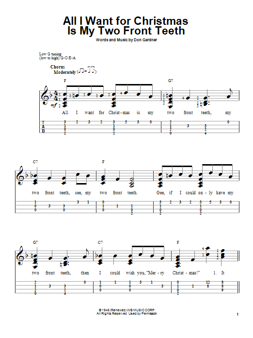 Preview Spike Jones and his City Slickers All I Want For Christmas Is My Two Front Teeth Christmas sheet music, notes and chords for Ukulele, SKU: 150412 sheet music, piano notes, chords, guitar tabs, score, transpose, transcribe, how to play, guide, download, learn, tutorial, progression, song, artist, awards, billboard, mtv, vh1, tour, single, album, release