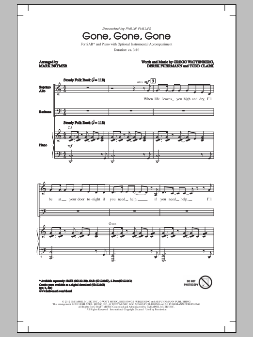 Preview Phillip Phillips Gone, Gone, Gone (arr. Mark Brymer) Rock sheet music, notes and chords for SAB, SKU: 151446 sheet music, piano notes, chords, guitar tabs, score, transpose, transcribe, how to play, guide, download, learn, tutorial, progression, song, artist, awards, billboard, mtv, vh1, tour, single, album, release