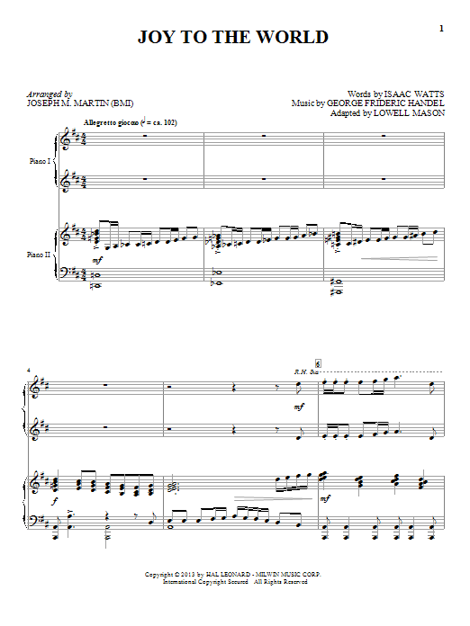 Preview Joseph M. Martin Joy To The World Christmas sheet music, notes and chords for Piano Duet, SKU: 151584 sheet music, piano notes, chords, guitar tabs, score, transpose, transcribe, how to play, guide, download, learn, tutorial, progression, song, artist, awards, billboard, mtv, vh1, tour, single, album, release