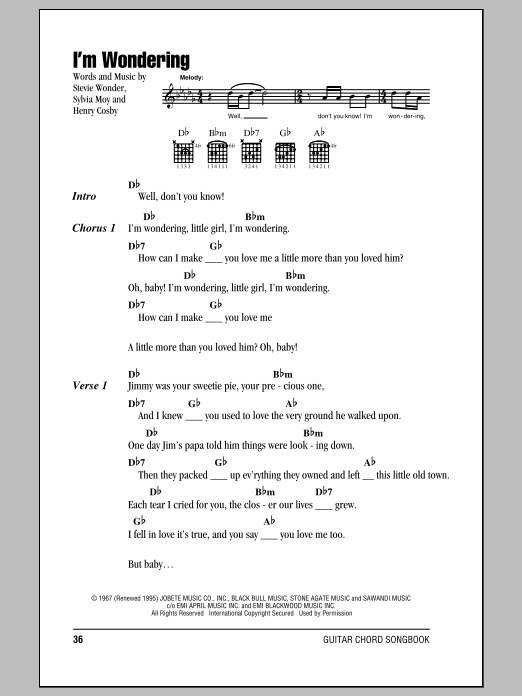 Preview Stevie Wonder I'm Wondering Pop sheet music, notes and chords for Lyrics & Chords, SKU: 151792 sheet music, piano notes, chords, guitar tabs, score, transpose, transcribe, how to play, guide, download, learn, tutorial, progression, song, artist, awards, billboard, mtv, vh1, tour, single, album, release