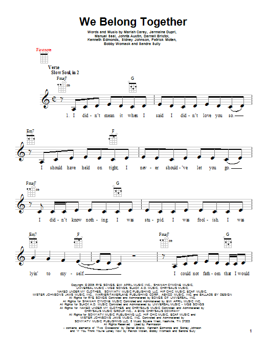 Preview Mariah Carey We Belong Together Rock sheet music, notes and chords for Ukulele, SKU: 152087 sheet music, piano notes, chords, guitar tabs, score, transpose, transcribe, how to play, guide, download, learn, tutorial, progression, song, artist, awards, billboard, mtv, vh1, tour, single, album, release