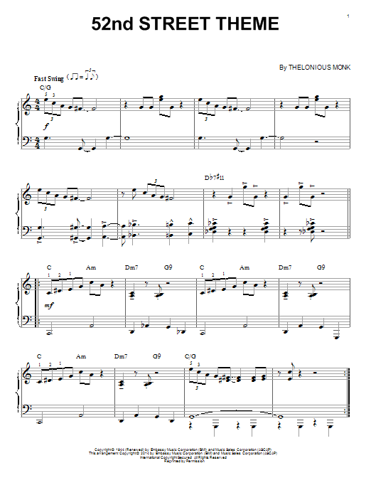 Preview Thelonious Monk 52nd Street Theme Jazz sheet music, notes and chords for Piano, SKU: 152357 sheet music, piano notes, chords, guitar tabs, score, transpose, transcribe, how to play, guide, download, learn, tutorial, progression, song, artist, awards, billboard, mtv, vh1, tour, single, album, release