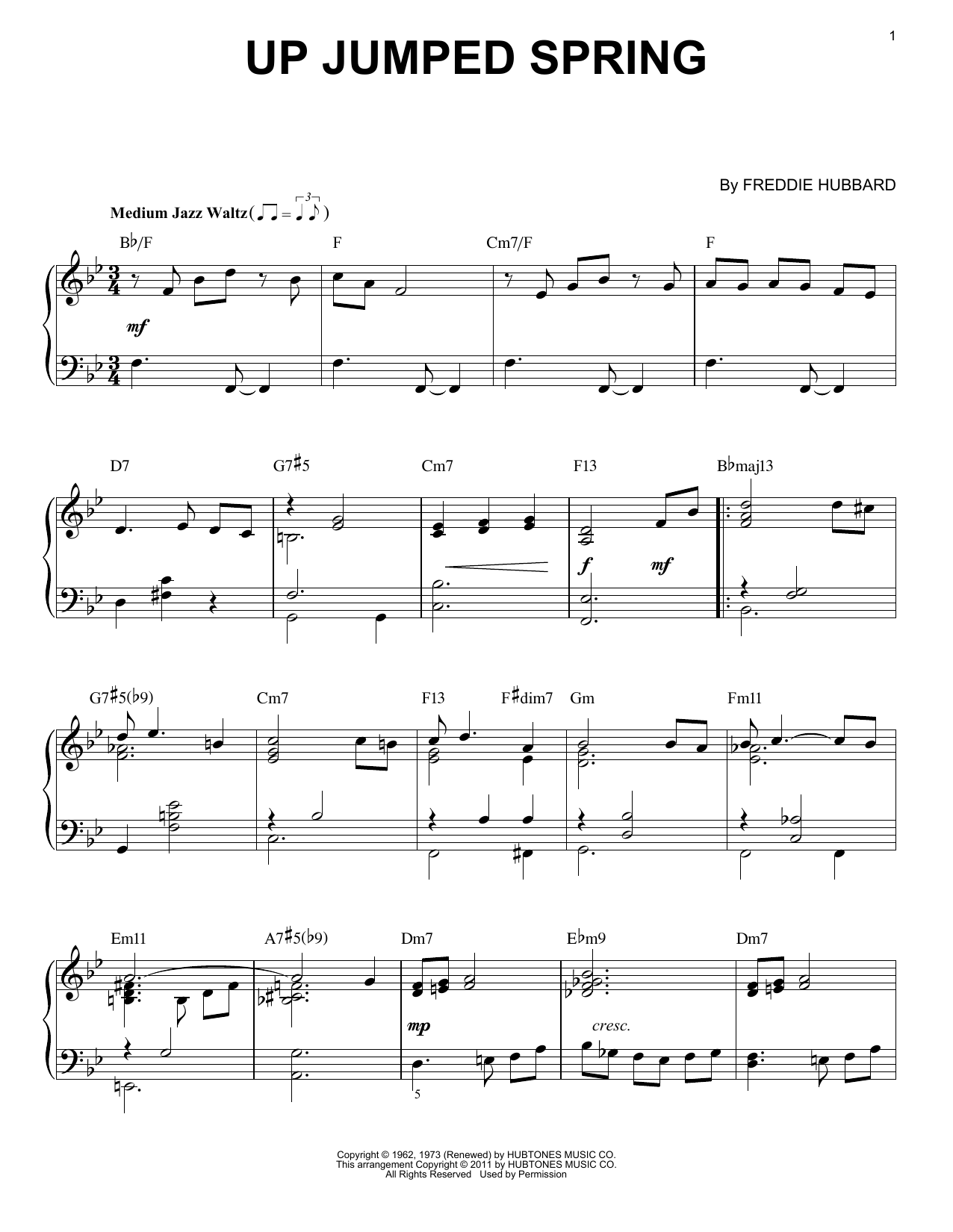 Preview Freddie Hubbard Up Jumped Spring Jazz sheet music, notes and chords for Piano, SKU: 152654 sheet music, piano notes, chords, guitar tabs, score, transpose, transcribe, how to play, guide, download, learn, tutorial, progression, song, artist, awards, billboard, mtv, vh1, tour, single, album, release