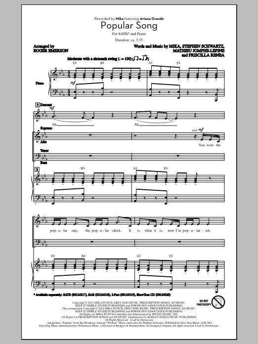 Preview Mika Popular Song (arr. Roger Emerson) Pop sheet music, notes and chords for SATB, SKU: 153668 sheet music, piano notes, chords, guitar tabs, score, transpose, transcribe, how to play, guide, download, learn, tutorial, progression, song, artist, awards, billboard, mtv, vh1, tour, single, album, release