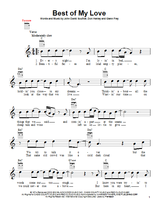 Preview Eagles Best Of My Love Folk sheet music, notes and chords for Ukulele, SKU: 154759 sheet music, piano notes, chords, guitar tabs, score, transpose, transcribe, how to play, guide, download, learn, tutorial, progression, song, artist, awards, billboard, mtv, vh1, tour, single, album, release