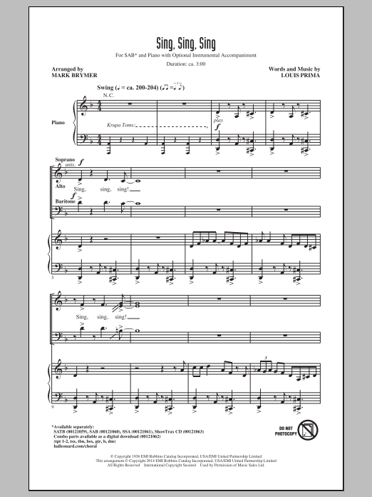 Preview Benny Goodman Sing, Sing, Sing (arr. Mark Brymer) Concert sheet music, notes and chords for SAB, SKU: 154802 sheet music, piano notes, chords, guitar tabs, score, transpose, transcribe, how to play, guide, download, learn, tutorial, progression, song, artist, awards, billboard, mtv, vh1, tour, single, album, release