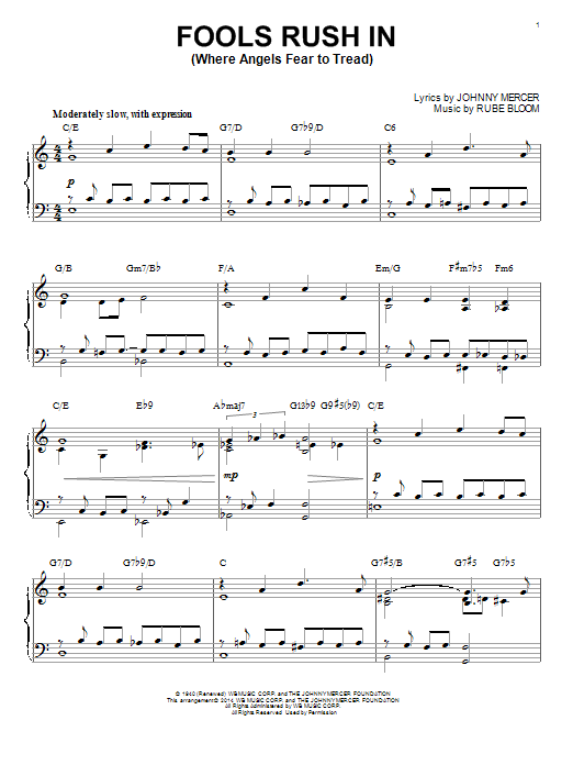Preview Johnny Mercer Fools Rush In (Where Angels Fear To Tread) Jazz sheet music, notes and chords for Piano Solo, SKU: 154825 sheet music, piano notes, chords, guitar tabs, score, transpose, transcribe, how to play, guide, download, learn, tutorial, progression, song, artist, awards, billboard, mtv, vh1, tour, single, album, release