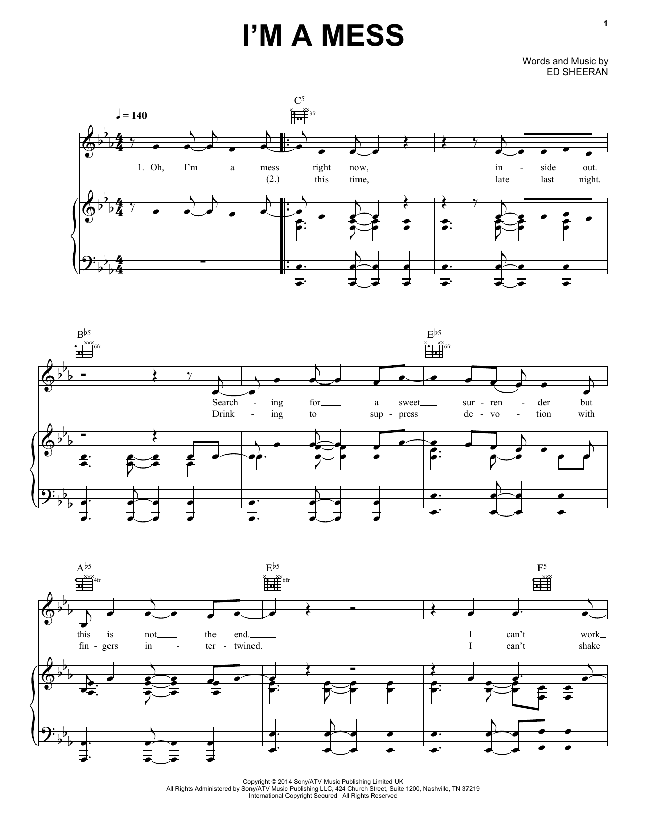Preview Ed Sheeran I'm A Mess Pop sheet music, notes and chords for Piano, Vocal & Guitar (Right-Hand Melody), SKU: 155832 sheet music, piano notes, chords, guitar tabs, score, transpose, transcribe, how to play, guide, download, learn, tutorial, progression, song, artist, awards, billboard, mtv, vh1, tour, single, album, release