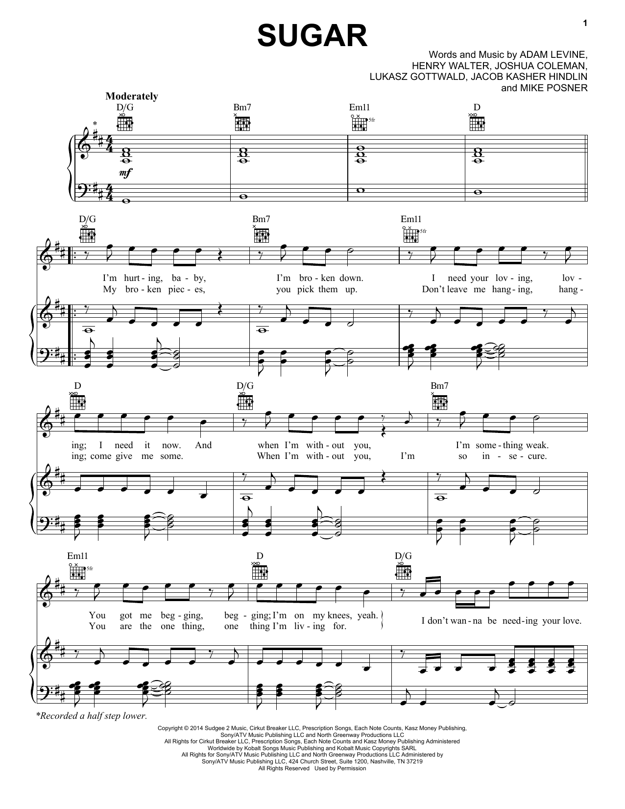 Preview Maroon 5 Sugar Pop sheet music, notes and chords for Piano, Vocal & Guitar (Right-Hand Melody), SKU: 157243 sheet music, piano notes, chords, guitar tabs, score, transpose, transcribe, how to play, guide, download, learn, tutorial, progression, song, artist, awards, billboard, mtv, vh1, tour, single, album, release