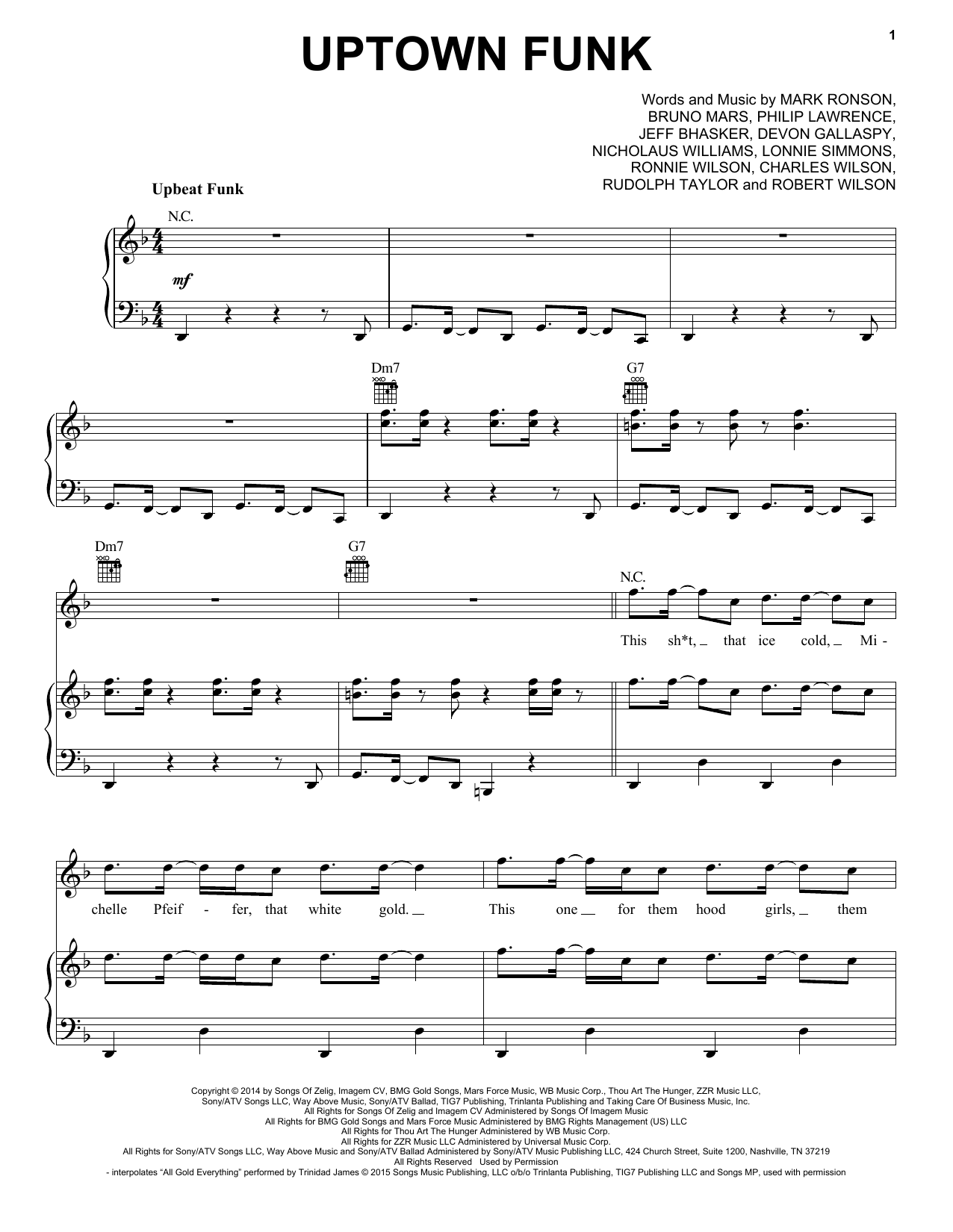 Preview Mark Ronson Uptown Funk (feat. Bruno Mars) Pop sheet music, notes and chords for Piano, Vocal & Guitar (Right-Hand Melody), SKU: 157284 sheet music, piano notes, chords, guitar tabs, score, transpose, transcribe, how to play, guide, download, learn, tutorial, progression, song, artist, awards, billboard, mtv, vh1, tour, single, album, release