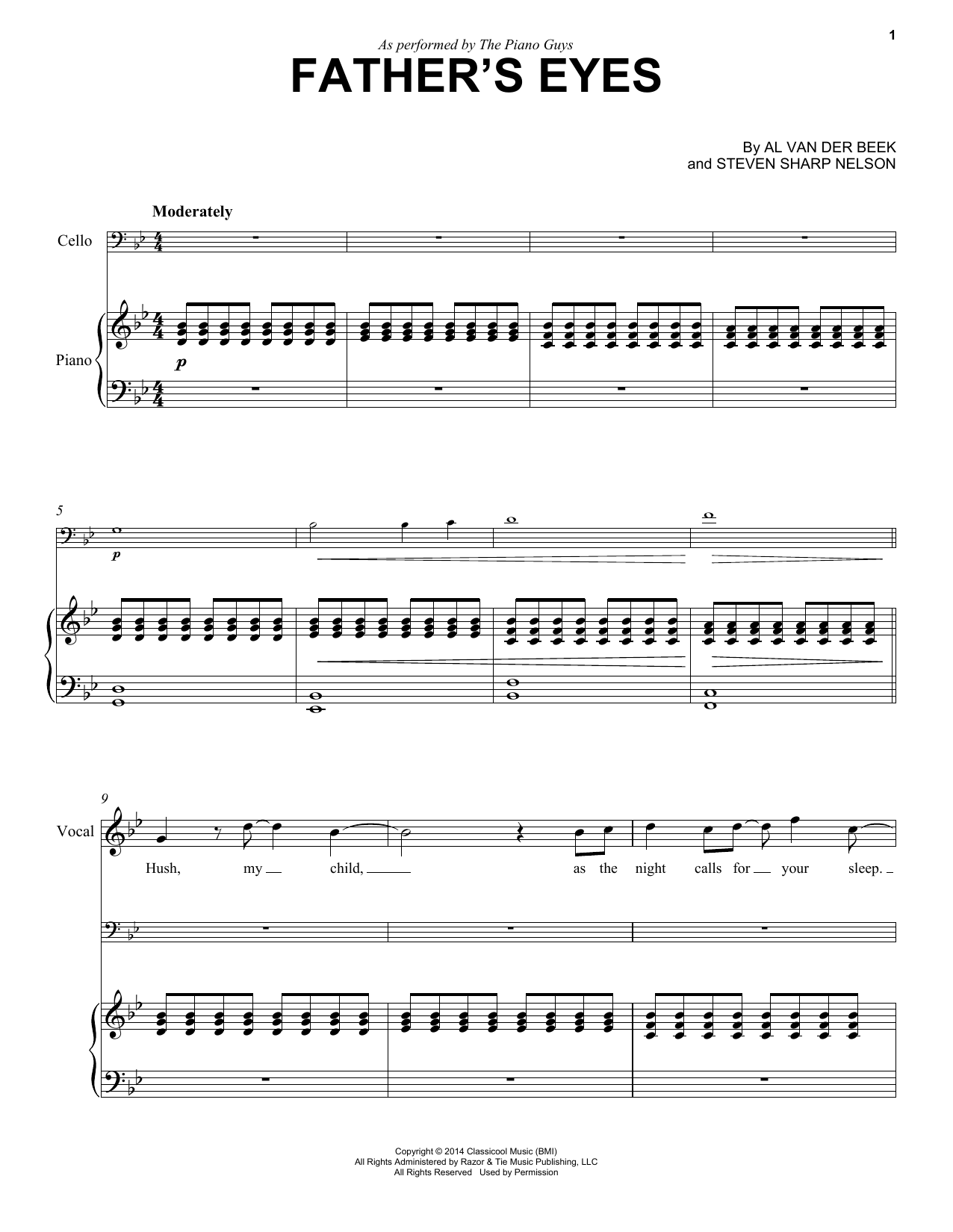 Preview The Piano Guys Father's Eyes Classical sheet music, notes and chords for Cello and Piano, SKU: 157611 sheet music, piano notes, chords, guitar tabs, score, transpose, transcribe, how to play, guide, download, learn, tutorial, progression, song, artist, awards, billboard, mtv, vh1, tour, single, album, release