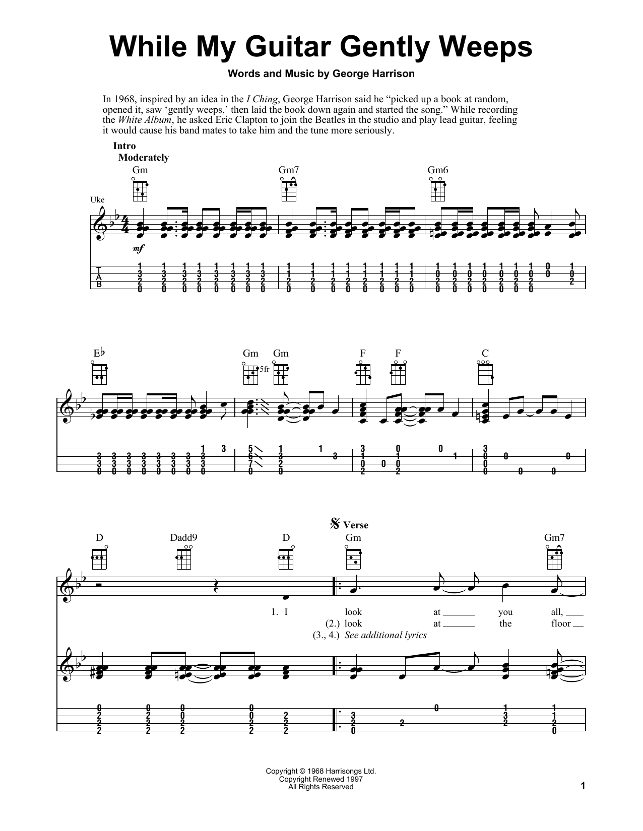Preview The Beatles While My Guitar Gently Weeps Rock sheet music, notes and chords for Ukulele, SKU: 157675 sheet music, piano notes, chords, guitar tabs, score, transpose, transcribe, how to play, guide, download, learn, tutorial, progression, song, artist, awards, billboard, mtv, vh1, tour, single, album, release
