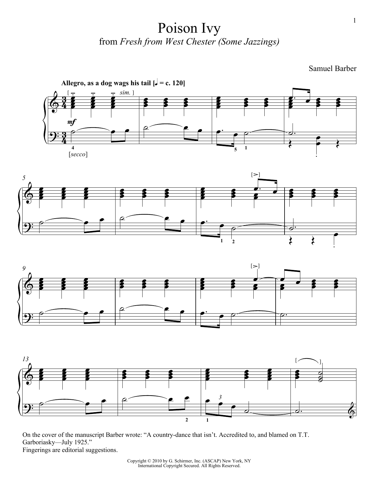 Preview Samuel Barber Poison Ivy Classical sheet music, notes and chords for Piano, SKU: 158140 sheet music, piano notes, chords, guitar tabs, score, transpose, transcribe, how to play, guide, download, learn, tutorial, progression, song, artist, awards, billboard, mtv, vh1, tour, single, album, release