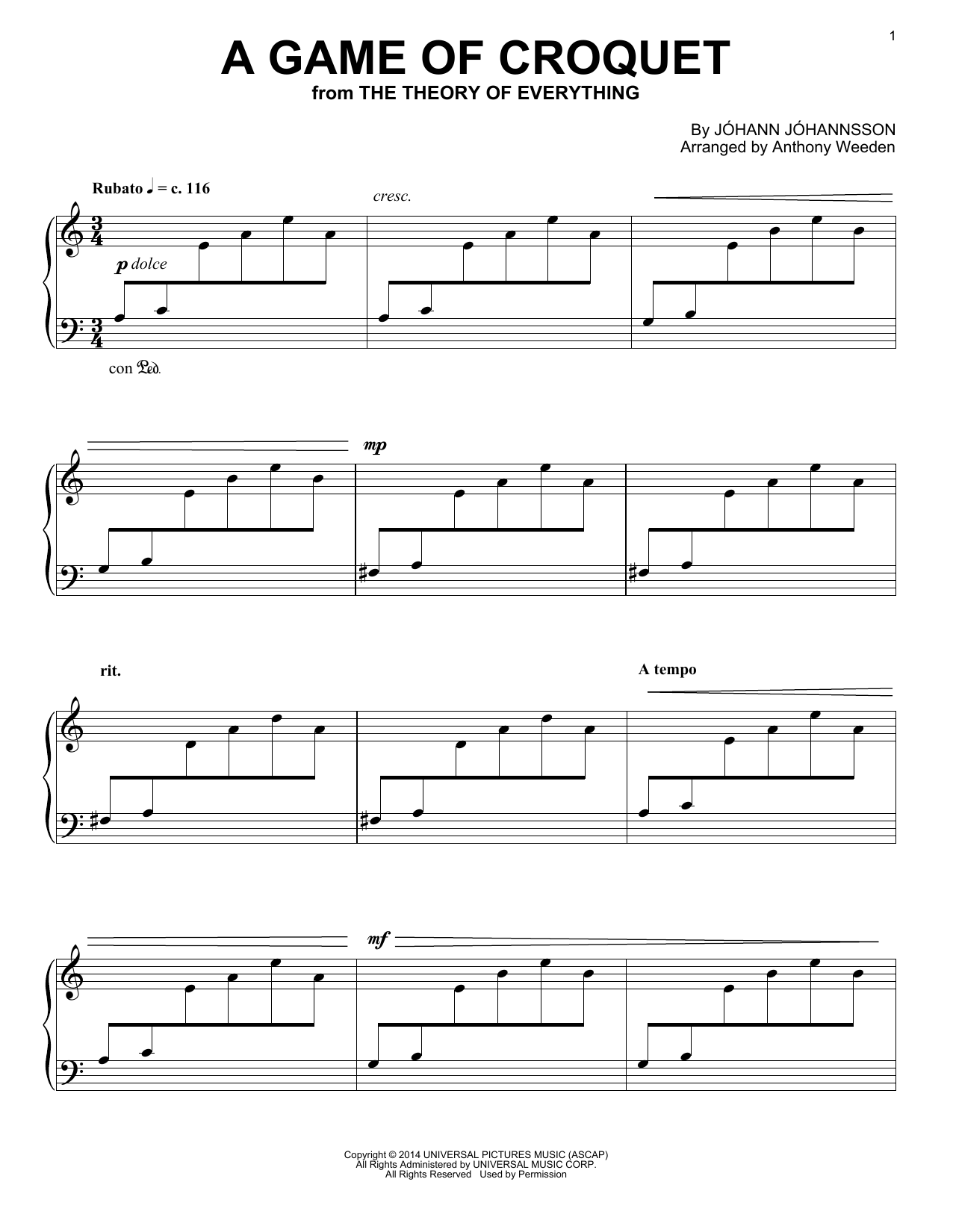 Preview Johann Johannsson A Game Of Croquet (from 'The Theory of Everything') Film and TV sheet music, notes and chords for Piano, SKU: 158169 sheet music, piano notes, chords, guitar tabs, score, transpose, transcribe, how to play, guide, download, learn, tutorial, progression, song, artist, awards, billboard, mtv, vh1, tour, single, album, release