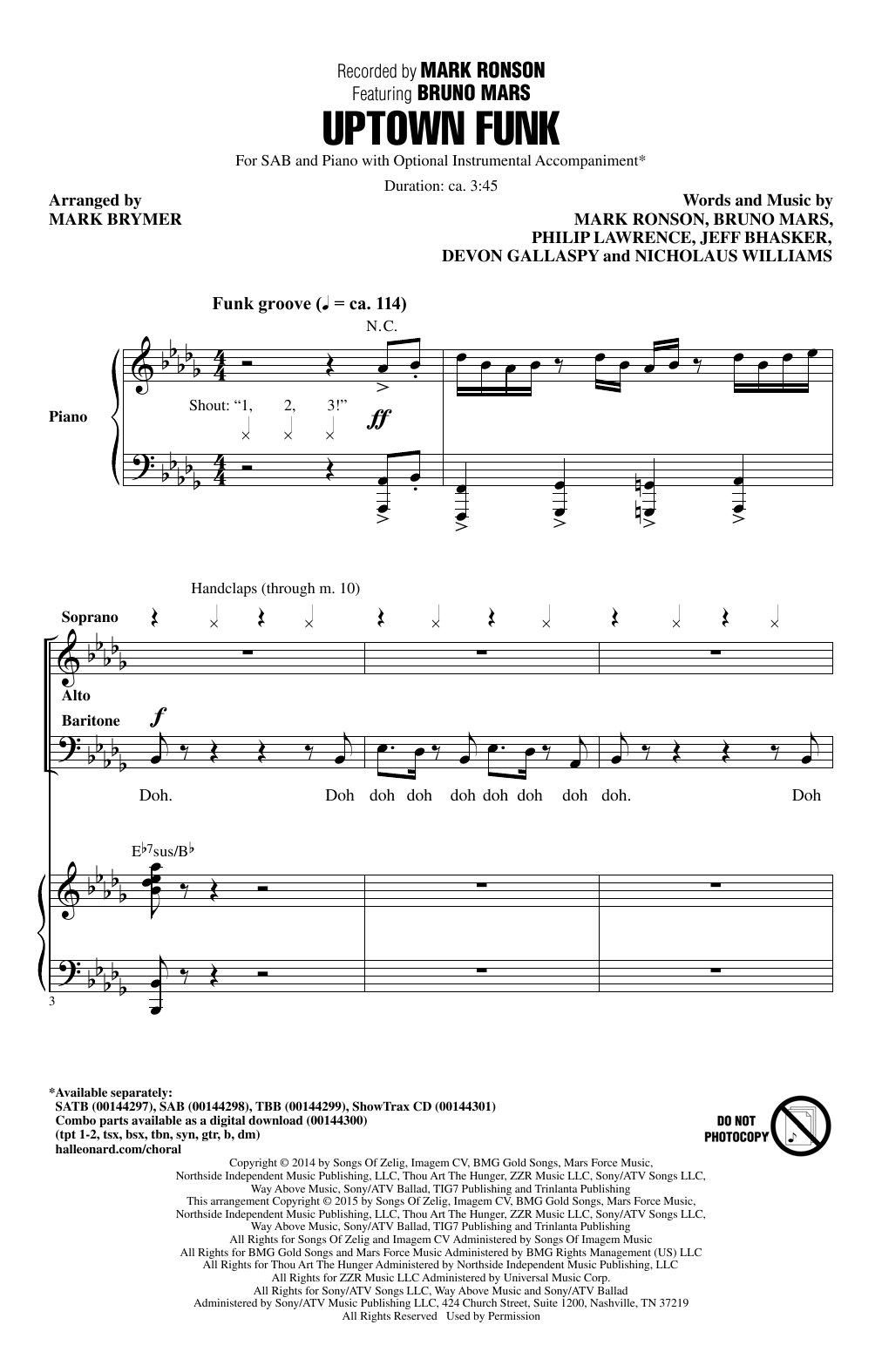 Preview Mark Ronson Uptown Funk (feat. Bruno Mars) (arr. Mark Brymer) Pop sheet music, notes and chords for SAB, SKU: 158555 sheet music, piano notes, chords, guitar tabs, score, transpose, transcribe, how to play, guide, download, learn, tutorial, progression, song, artist, awards, billboard, mtv, vh1, tour, single, album, release