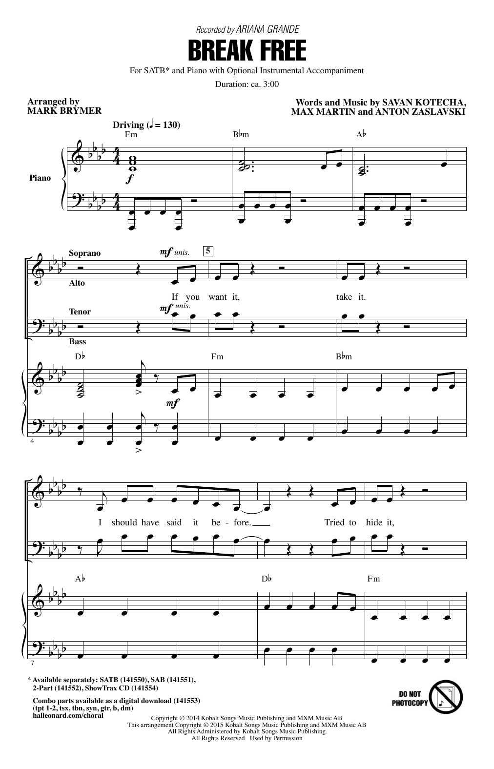 Preview Ariana Grande Break Free (feat. Zedd) (arr. Mark Brymer) Pop sheet music, notes and chords for SATB, SKU: 158609 sheet music, piano notes, chords, guitar tabs, score, transpose, transcribe, how to play, guide, download, learn, tutorial, progression, song, artist, awards, billboard, mtv, vh1, tour, single, album, release