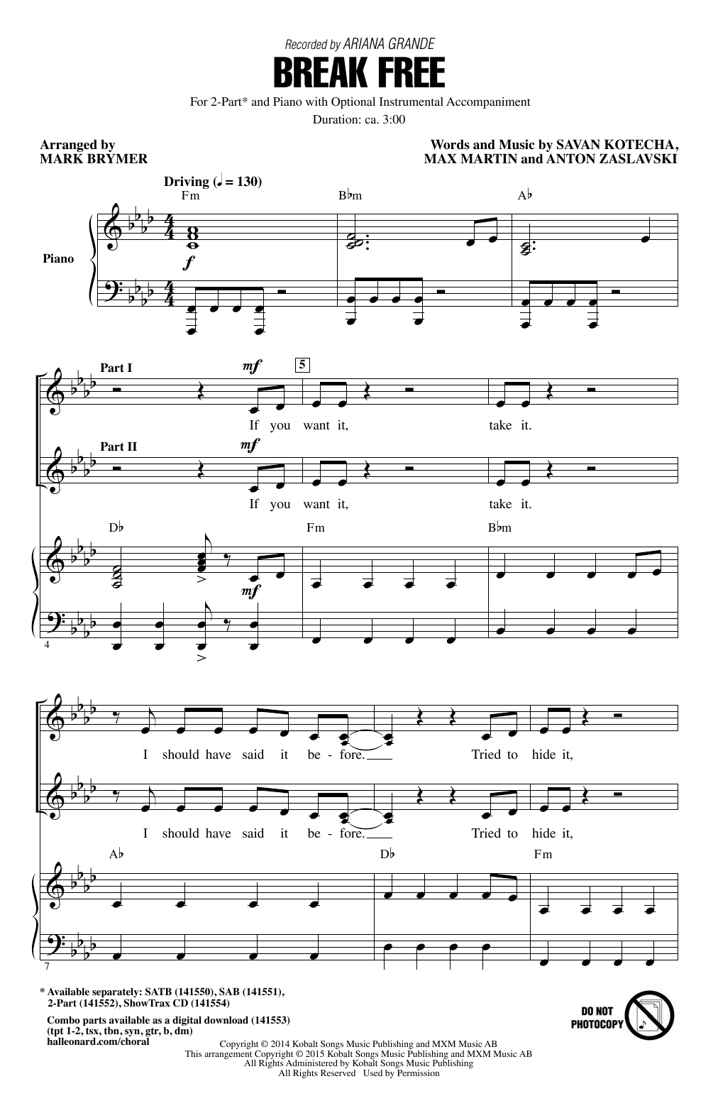 Preview Ariana Grande Break Free (feat. Zedd) (arr. Mark Brymer) Pop sheet music, notes and chords for 2-Part Choir, SKU: 158611 sheet music, piano notes, chords, guitar tabs, score, transpose, transcribe, how to play, guide, download, learn, tutorial, progression, song, artist, awards, billboard, mtv, vh1, tour, single, album, release