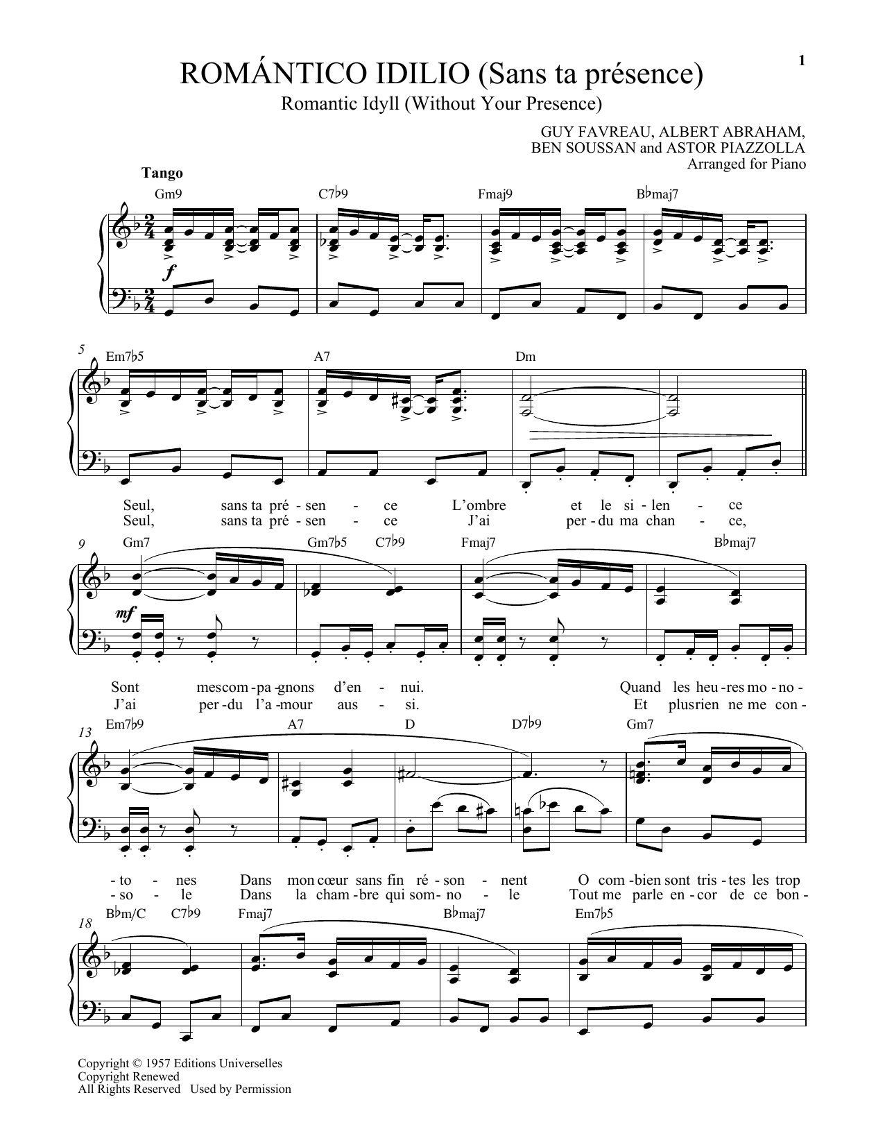 Preview Astor Piazzolla Romantico Idilio (Sans ta presence) Classical sheet music, notes and chords for Piano, SKU: 158726 sheet music, piano notes, chords, guitar tabs, score, transpose, transcribe, how to play, guide, download, learn, tutorial, progression, song, artist, awards, billboard, mtv, vh1, tour, single, album, release