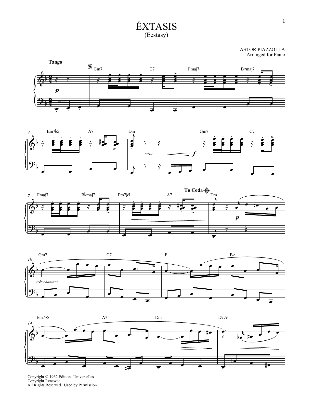 Preview Astor Piazzolla Extasis Classical sheet music, notes and chords for Piano, SKU: 158728 sheet music, piano notes, chords, guitar tabs, score, transpose, transcribe, how to play, guide, download, learn, tutorial, progression, song, artist, awards, billboard, mtv, vh1, tour, single, album, release