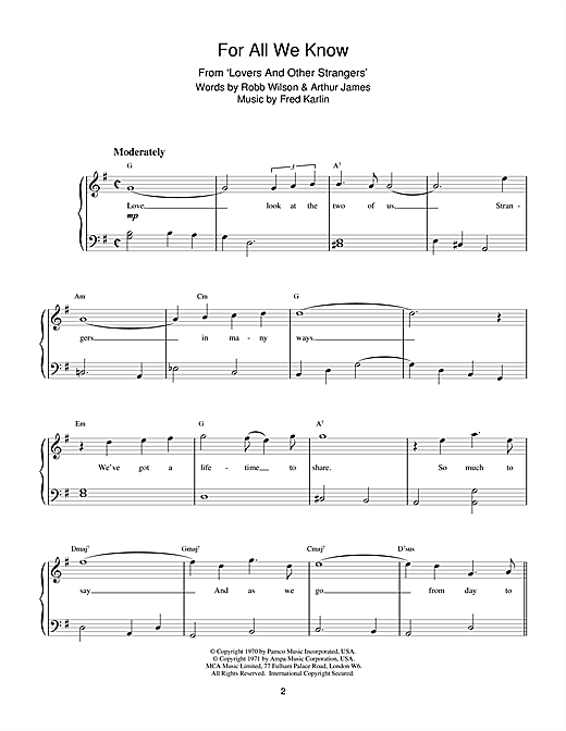 Preview Fred Karlin For All We Know Film and TV sheet music, notes and chords for Piano, SKU: 15879 sheet music, piano notes, chords, guitar tabs, score, transpose, transcribe, how to play, guide, download, learn, tutorial, progression, song, artist, awards, billboard, mtv, vh1, tour, single, album, release