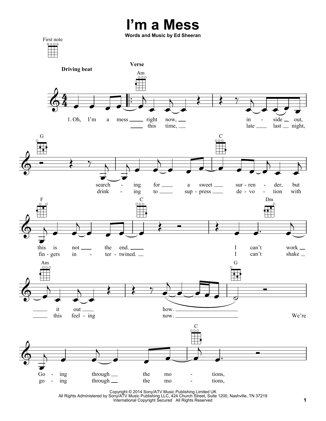 Preview Ed Sheeran I'm A Mess Pop sheet music, notes and chords for Ukulele, SKU: 158865 sheet music, piano notes, chords, guitar tabs, score, transpose, transcribe, how to play, guide, download, learn, tutorial, progression, song, artist, awards, billboard, mtv, vh1, tour, single, album, release