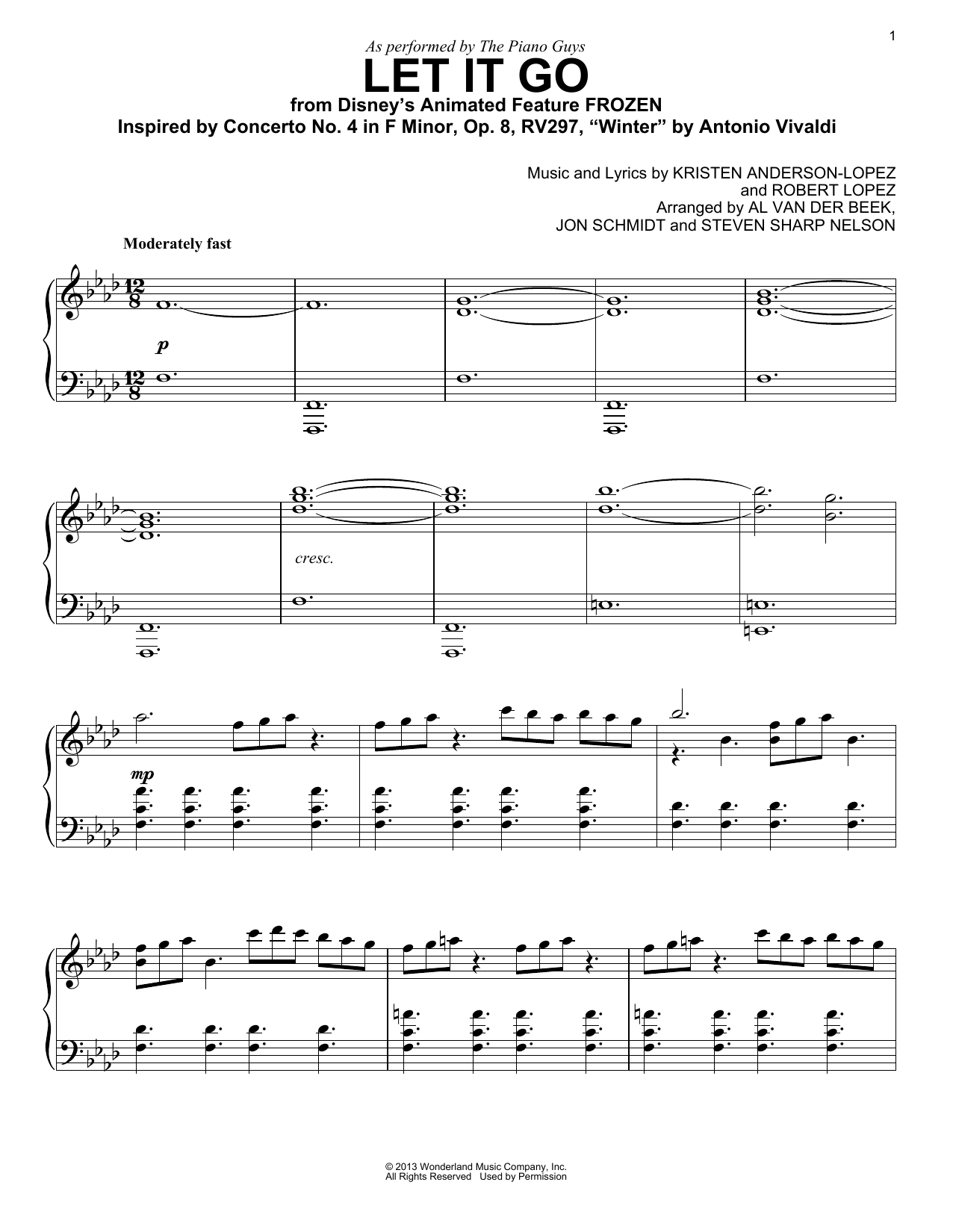 Preview The Piano Guys Let It Go Film and TV sheet music, notes and chords for Piano, SKU: 159312 sheet music, piano notes, chords, guitar tabs, score, transpose, transcribe, how to play, guide, download, learn, tutorial, progression, song, artist, awards, billboard, mtv, vh1, tour, single, album, release