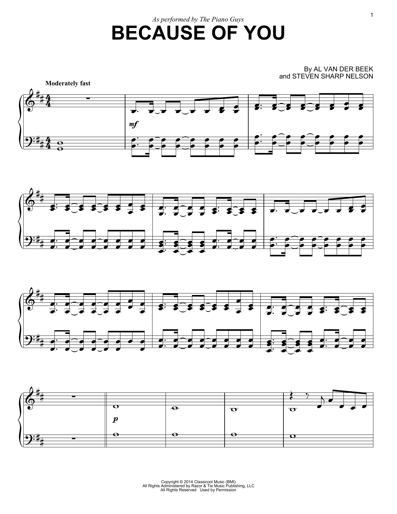 Preview The Piano Guys Because Of You Pop sheet music, notes and chords for Piano, SKU: 159315 sheet music, piano notes, chords, guitar tabs, score, transpose, transcribe, how to play, guide, download, learn, tutorial, progression, song, artist, awards, billboard, mtv, vh1, tour, single, album, release