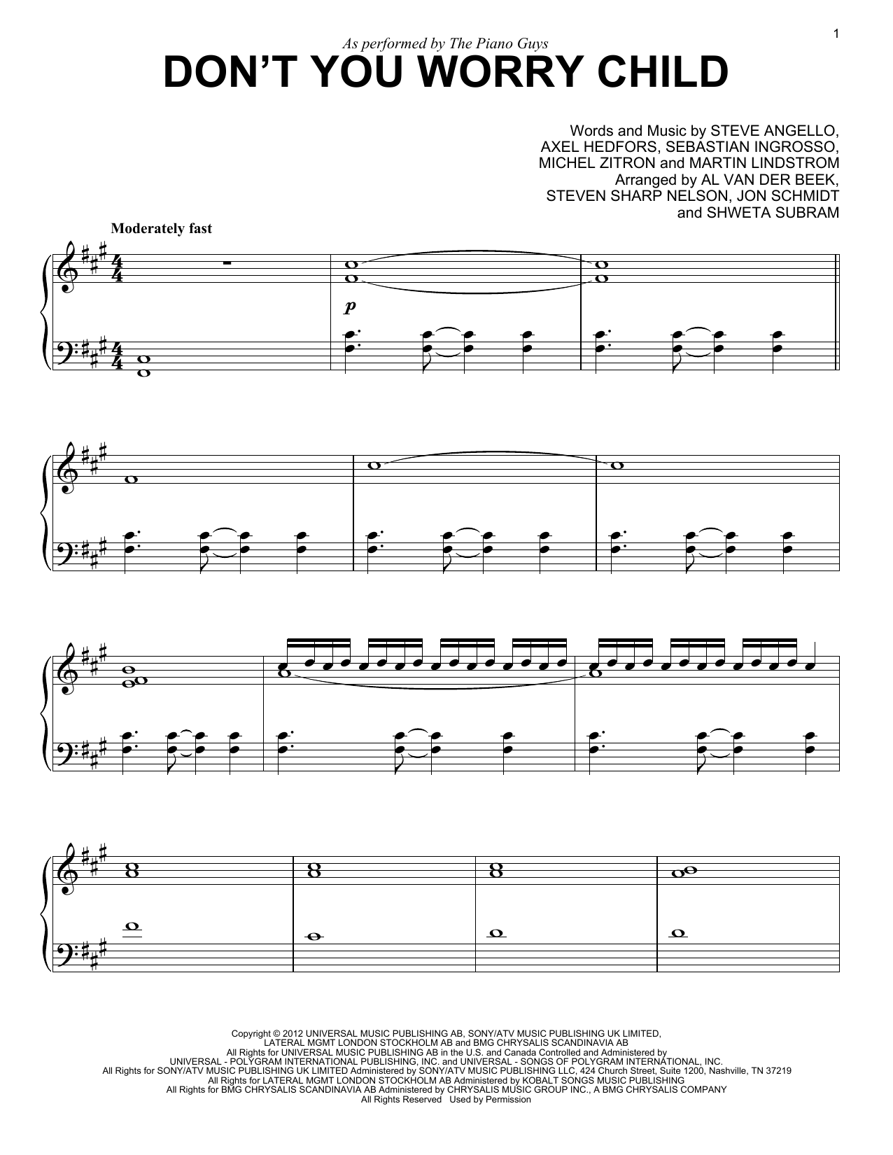 Preview The Piano Guys Don't You Worry Child Pop sheet music, notes and chords for Piano, SKU: 159318 sheet music, piano notes, chords, guitar tabs, score, transpose, transcribe, how to play, guide, download, learn, tutorial, progression, song, artist, awards, billboard, mtv, vh1, tour, single, album, release