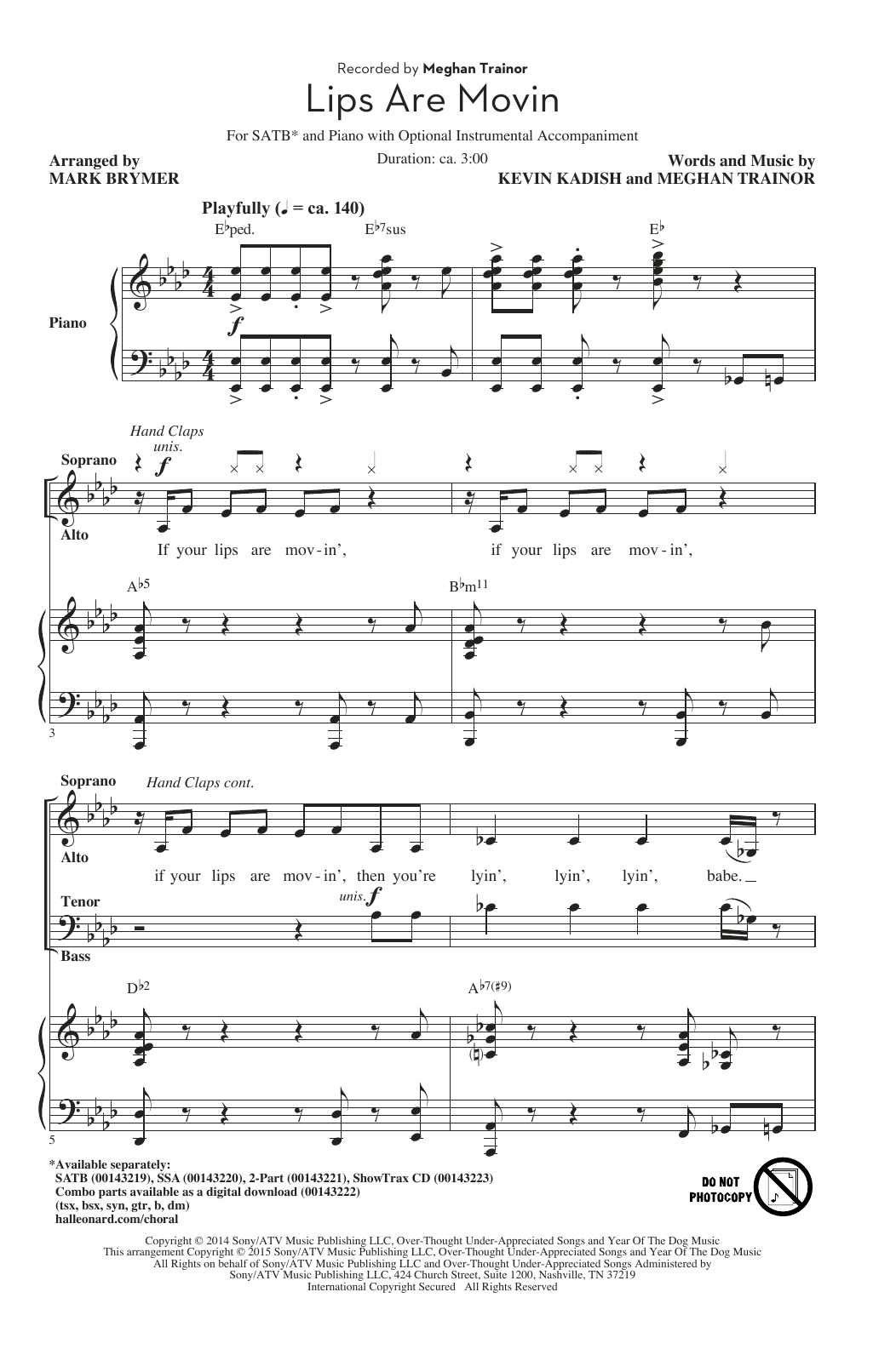 Preview Meghan Trainor Lips Are Movin (arr. Mark Brymer) Pop sheet music, notes and chords for SATB, SKU: 159759 sheet music, piano notes, chords, guitar tabs, score, transpose, transcribe, how to play, guide, download, learn, tutorial, progression, song, artist, awards, billboard, mtv, vh1, tour, single, album, release