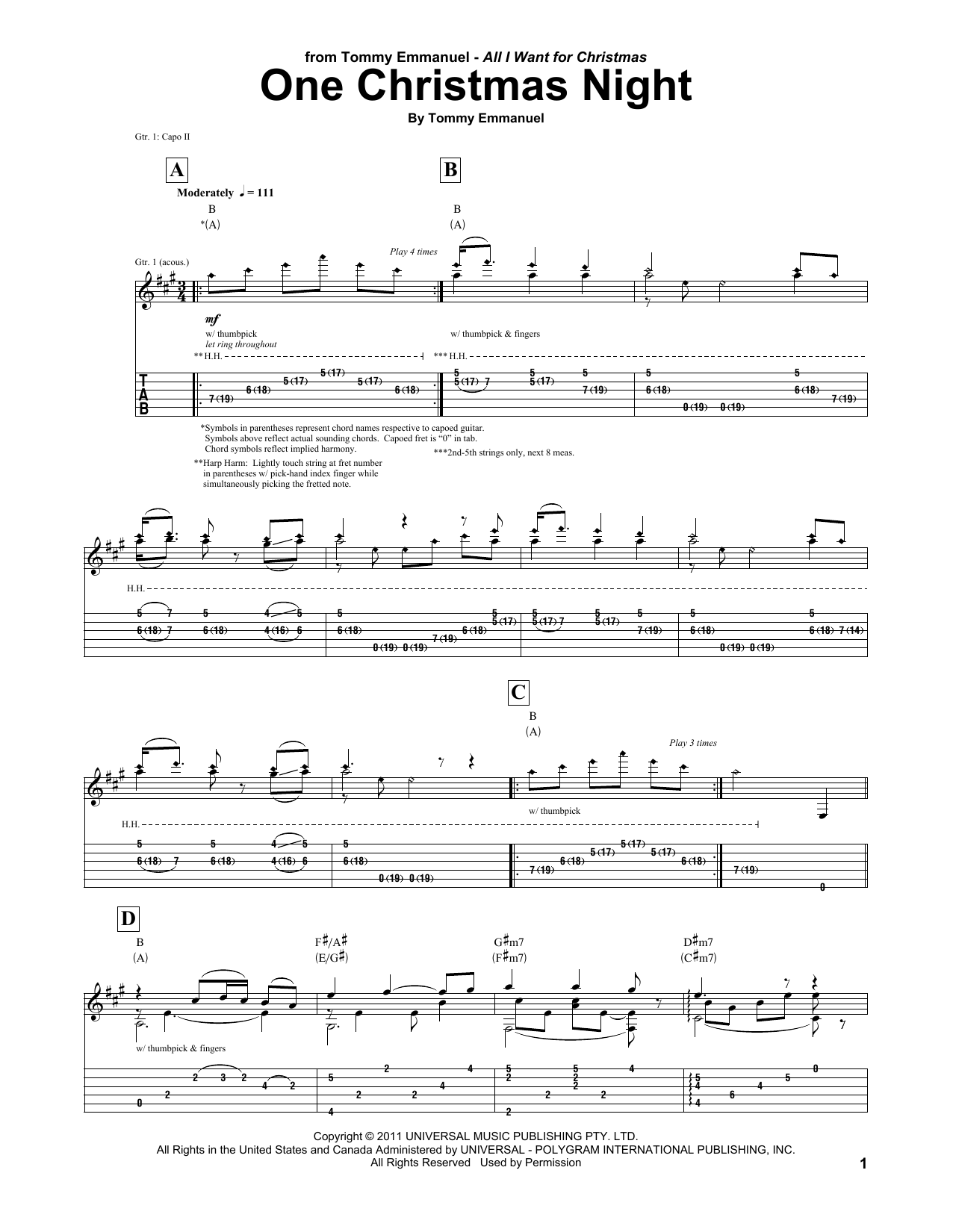 Preview Tommy Emmanuel One Christmas Night Christmas sheet music, notes and chords for Guitar Tab, SKU: 160785 sheet music, piano notes, chords, guitar tabs, score, transpose, transcribe, how to play, guide, download, learn, tutorial, progression, song, artist, awards, billboard, mtv, vh1, tour, single, album, release