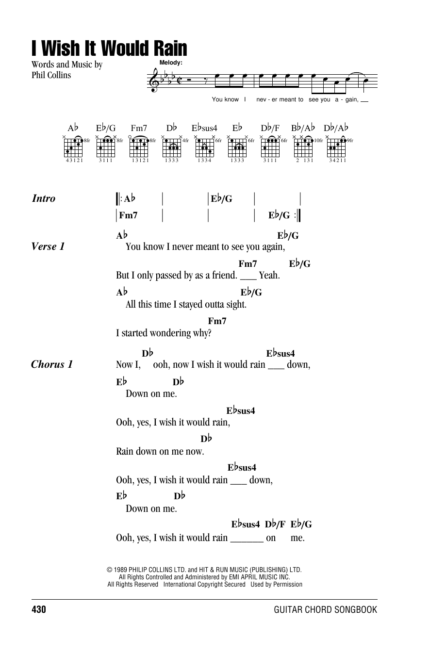 Preview Phil Collins I Wish It Would Rain Rock sheet music, notes and chords for Lyrics & Chords, SKU: 162107 sheet music, piano notes, chords, guitar tabs, score, transpose, transcribe, how to play, guide, download, learn, tutorial, progression, song, artist, awards, billboard, mtv, vh1, tour, single, album, release
