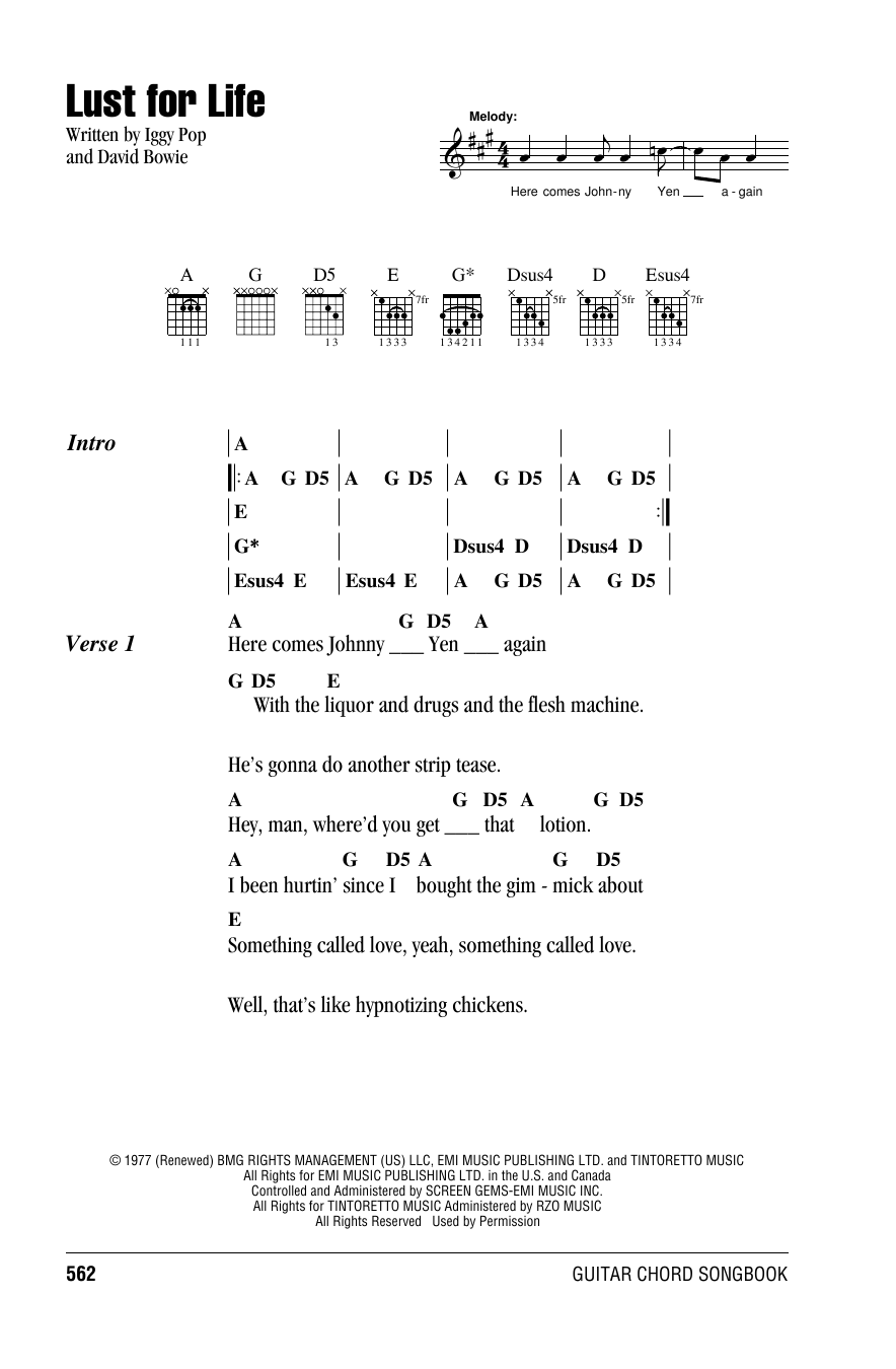 Preview Iggy Pop Lust For Life Pop sheet music, notes and chords for Lyrics & Chords, SKU: 162231 sheet music, piano notes, chords, guitar tabs, score, transpose, transcribe, how to play, guide, download, learn, tutorial, progression, song, artist, awards, billboard, mtv, vh1, tour, single, album, release