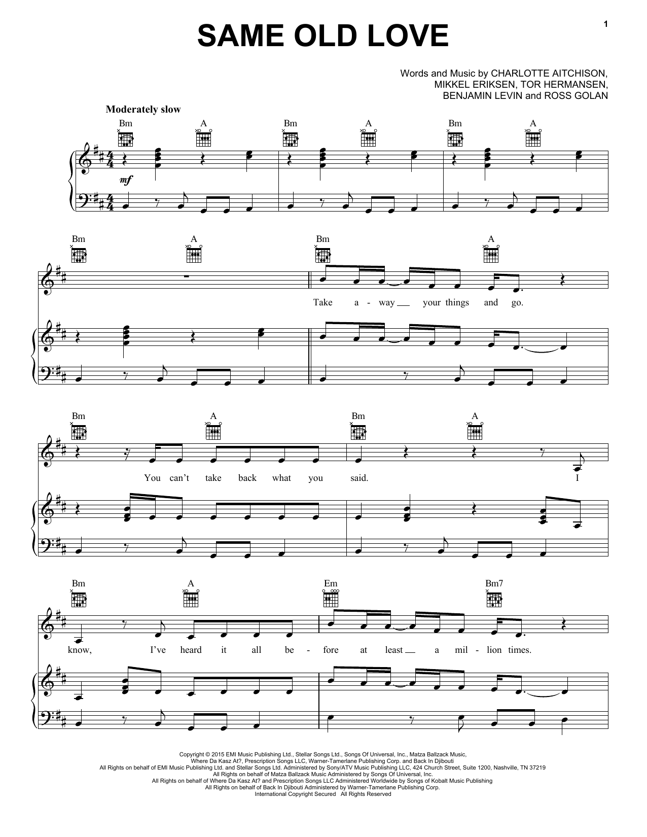 Preview Selena Gomez Same Old Love Pop sheet music, notes and chords for Piano, Vocal & Guitar (Right-Hand Melody), SKU: 163276 sheet music, piano notes, chords, guitar tabs, score, transpose, transcribe, how to play, guide, download, learn, tutorial, progression, song, artist, awards, billboard, mtv, vh1, tour, single, album, release