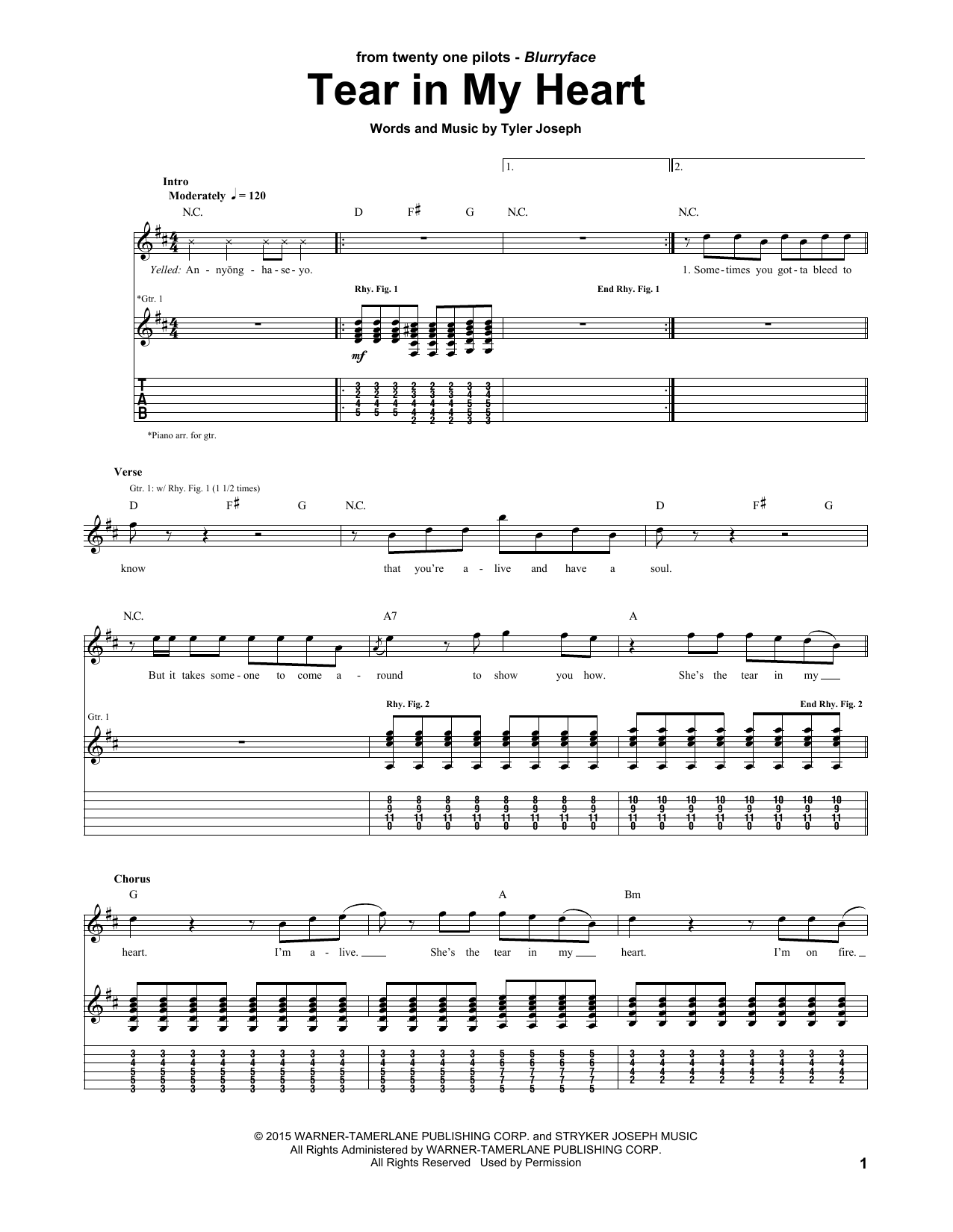 Preview Twenty One Pilots Tear In My Heart Rock sheet music, notes and chords for Guitar Tab, SKU: 163709 sheet music, piano notes, chords, guitar tabs, score, transpose, transcribe, how to play, guide, download, learn, tutorial, progression, song, artist, awards, billboard, mtv, vh1, tour, single, album, release