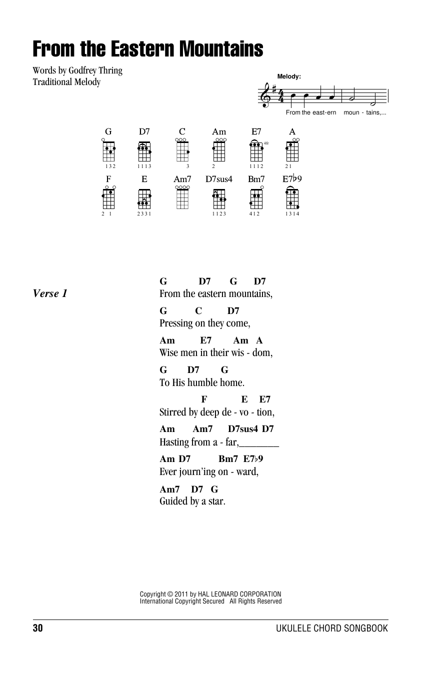 Preview Godfey Thring From The Eastern Mountains Christmas sheet music, notes and chords for Ukulele with strumming patterns, SKU: 164198 sheet music, piano notes, chords, guitar tabs, score, transpose, transcribe, how to play, guide, download, learn, tutorial, progression, song, artist, awards, billboard, mtv, vh1, tour, single, album, release