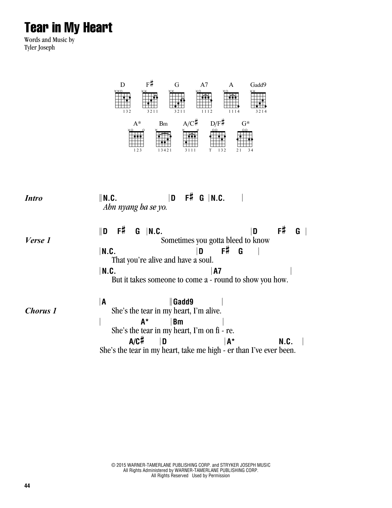 Preview Twenty One Pilots Tear In My Heart Rock sheet music, notes and chords for Lyrics & Chords, SKU: 164612 sheet music, piano notes, chords, guitar tabs, score, transpose, transcribe, how to play, guide, download, learn, tutorial, progression, song, artist, awards, billboard, mtv, vh1, tour, single, album, release