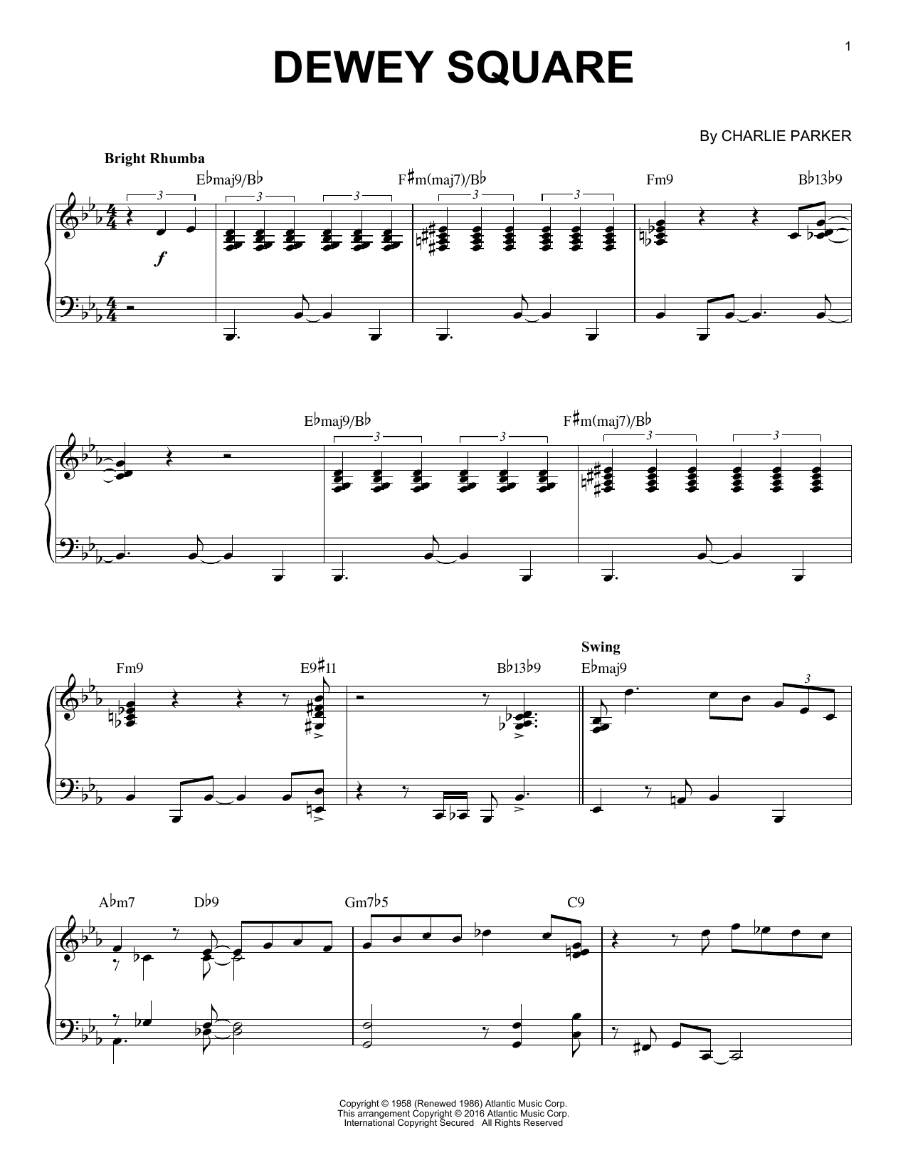 Preview Charlie Parker Dewey Square Jazz sheet music, notes and chords for Piano, SKU: 164629 sheet music, piano notes, chords, guitar tabs, score, transpose, transcribe, how to play, guide, download, learn, tutorial, progression, song, artist, awards, billboard, mtv, vh1, tour, single, album, release