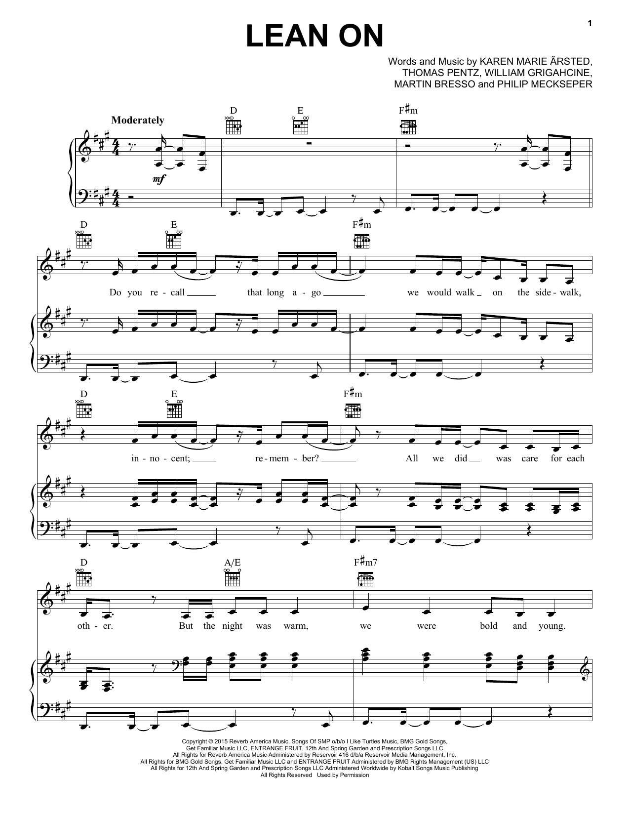 Preview Pentatonix Lean On A Cappella sheet music, notes and chords for Piano, Vocal & Guitar (Right-Hand Melody), SKU: 164647 sheet music, piano notes, chords, guitar tabs, score, transpose, transcribe, how to play, guide, download, learn, tutorial, progression, song, artist, awards, billboard, mtv, vh1, tour, single, album, release