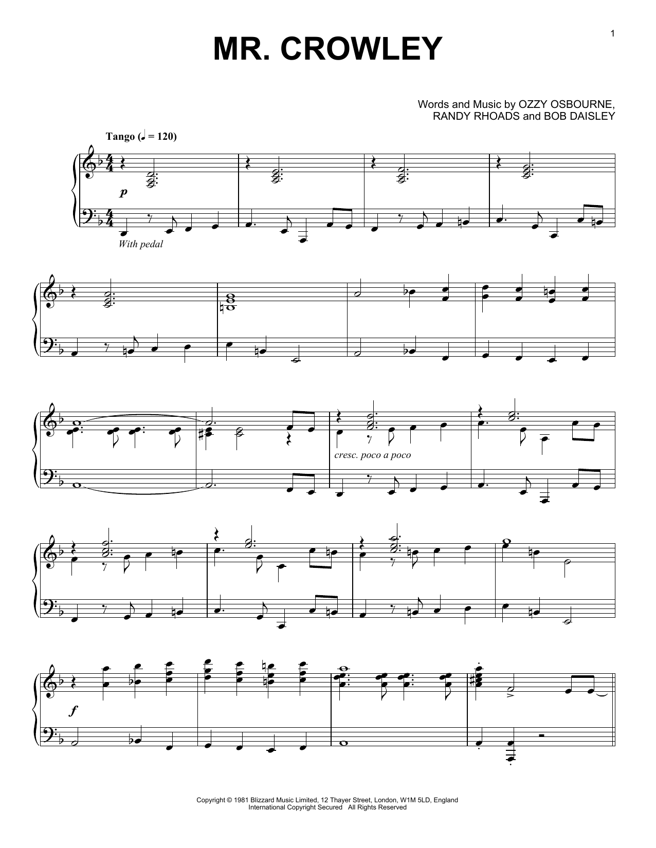 Preview Ozzy Osbourne Mr. Crowley Jazz sheet music, notes and chords for Piano, SKU: 165387 sheet music, piano notes, chords, guitar tabs, score, transpose, transcribe, how to play, guide, download, learn, tutorial, progression, song, artist, awards, billboard, mtv, vh1, tour, single, album, release