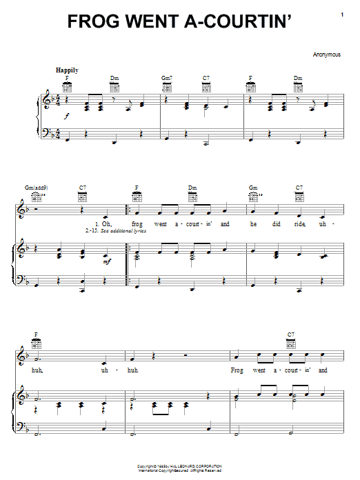 Preview Traditional Frog Went A-Courtin' Children sheet music, notes and chords for Piano, Vocal & Guitar (Right-Hand Melody), SKU: 16765 sheet music, piano notes, chords, guitar tabs, score, transpose, transcribe, how to play, guide, download, learn, tutorial, progression, song, artist, awards, billboard, mtv, vh1, tour, single, album, release