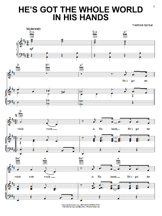 Preview African-American Spiritual He's Got The Whole World In His Hands Children sheet music, notes and chords for Piano, Vocal & Guitar (Right-Hand Melody), SKU: 16766 sheet music, piano notes, chords, guitar tabs, score, transpose, transcribe, how to play, guide, download, learn, tutorial, progression, song, artist, awards, billboard, mtv, vh1, tour, single, album, release