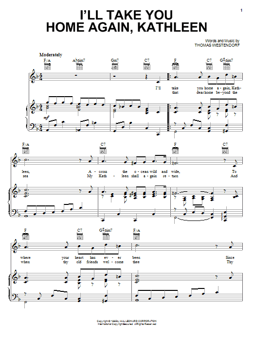 Preview Thomas Westendorf I'll Take You Home Again, Kathleen World sheet music, notes and chords for Piano, Vocal & Guitar (Right-Hand Melody), SKU: 16773 sheet music, piano notes, chords, guitar tabs, score, transpose, transcribe, how to play, guide, download, learn, tutorial, progression, song, artist, awards, billboard, mtv, vh1, tour, single, album, release