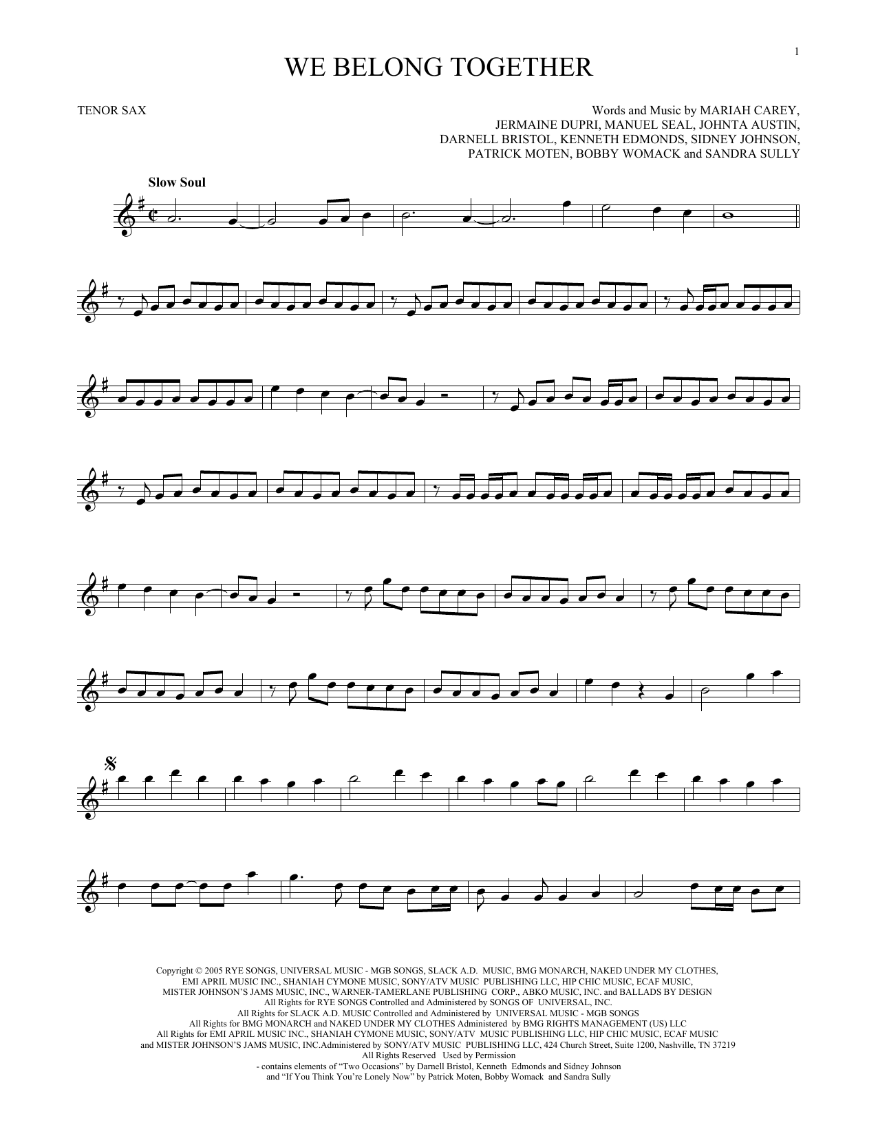 Preview Mariah Carey We Belong Together Pop sheet music, notes and chords for Tenor Saxophone, SKU: 169317 sheet music, piano notes, chords, guitar tabs, score, transpose, transcribe, how to play, guide, download, learn, tutorial, progression, song, artist, awards, billboard, mtv, vh1, tour, single, album, release