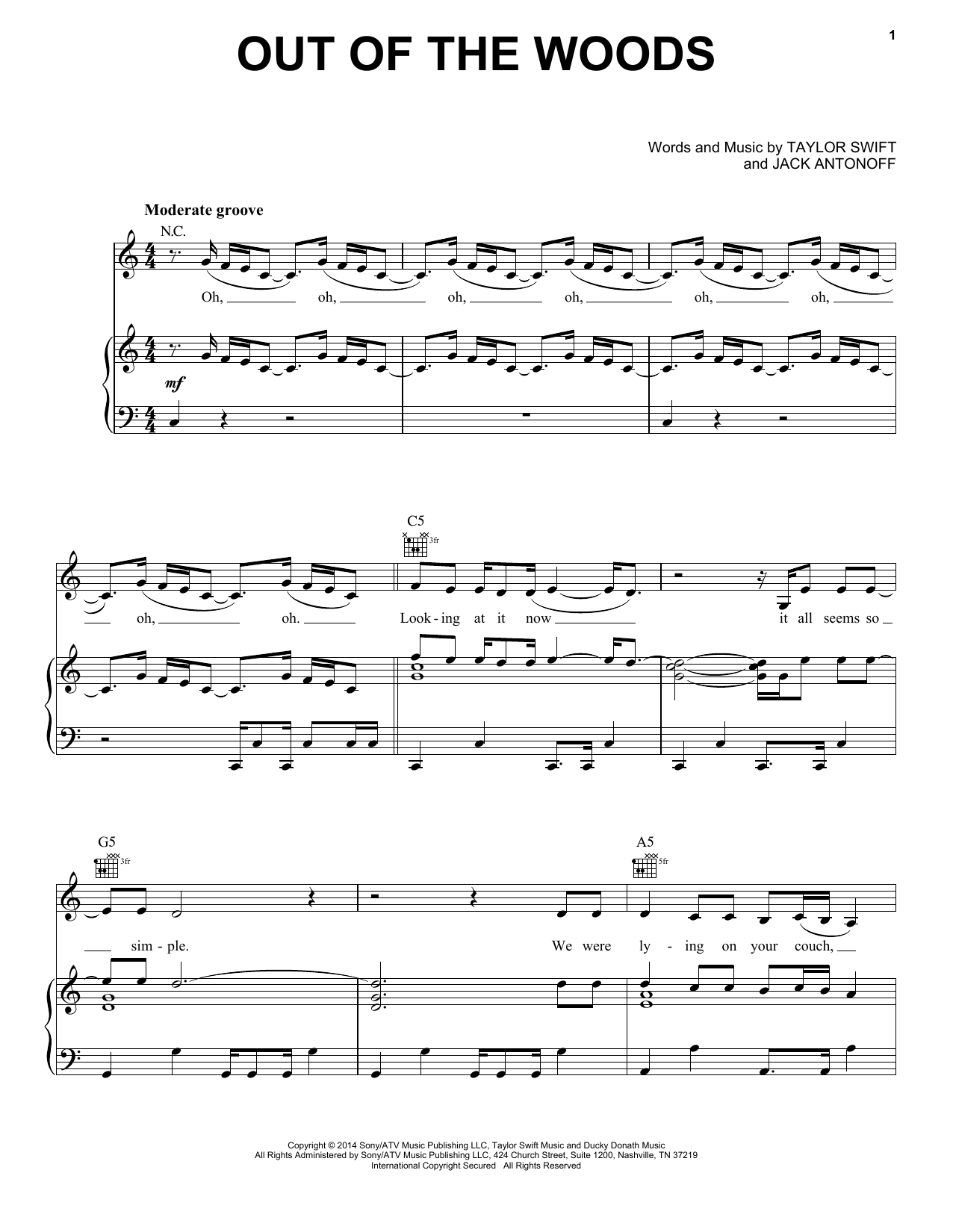 Preview Taylor Swift Out Of The Woods Pop sheet music, notes and chords for Piano, Vocal & Guitar with Backing Track, SKU: 170424 sheet music, piano notes, chords, guitar tabs, score, transpose, transcribe, how to play, guide, download, learn, tutorial, progression, song, artist, awards, billboard, mtv, vh1, tour, single, album, release