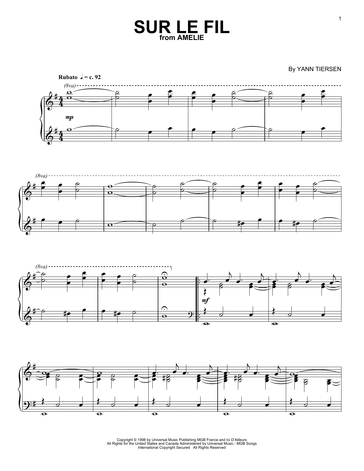 Preview Yann Tiersen Sur Le Fil Easy Listening sheet music, notes and chords for Piano, SKU: 172138 sheet music, piano notes, chords, guitar tabs, score, transpose, transcribe, how to play, guide, download, learn, tutorial, progression, song, artist, awards, billboard, mtv, vh1, tour, single, album, release